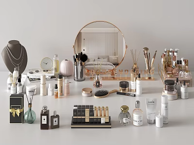 Perfume and Cosmetics Collection Display With Makeup Brushes Skincare Products and Cosmetic Organizers 3d model