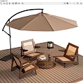 Wooden Outdoor Chairs On Deck With Brown Umbrella Round Side Table And Lantern