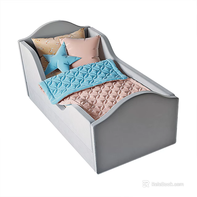 Cozy Single Bed with Gray Frame Colorful Bedding and Star Shaped Pillow 3d model 