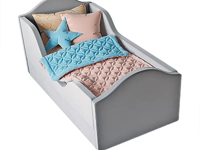 Cozy Single Bed with Gray Frame Colorful Bedding and Star Shaped Pillow 3d model
