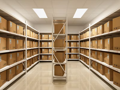 Warehouse Storage Interior With Neatly Arranged Shelves And Stacked Cardboard Boxes 3d model