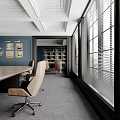 Elegant Modern Conference Room Interior With Blue Paneled Walls Round Table And Wooden Chairs