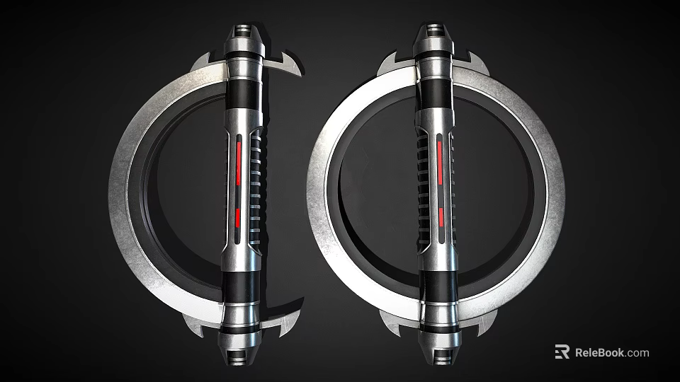 Futuristic Pair of Ring Shaped Weapons with Silver and Black Design Red Accents 3d model 