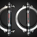 Futuristic Pair of Ring Shaped Weapons with Silver and Black Design Red Accents