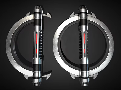 Futuristic Pair of Ring Shaped Weapons with Silver and Black Design Red Accents 3d model