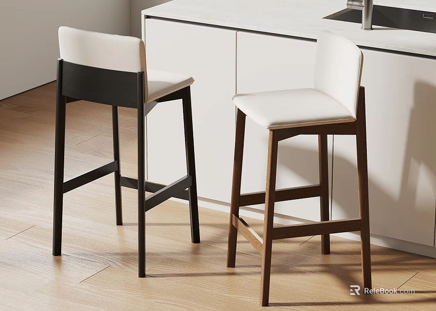Modern Minimalist Solid Wood Bar Stools With Comfortable Padded Seats For Kitchen Counter Island 3d model 