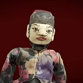 Traditional Cloth Doll With Colorful Patterned Costume And Wooden Cane On Red Background