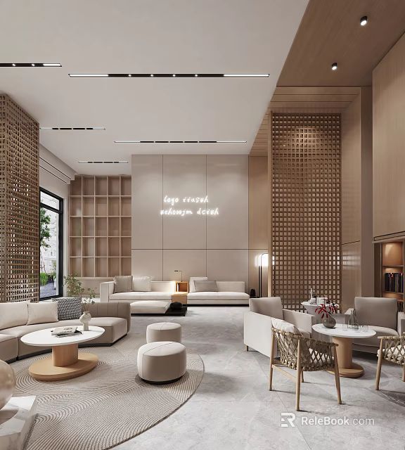 Modern Hotel Lobby Interior With Comfortable Sofas Coffee Tables And Decorative Walls 3d model