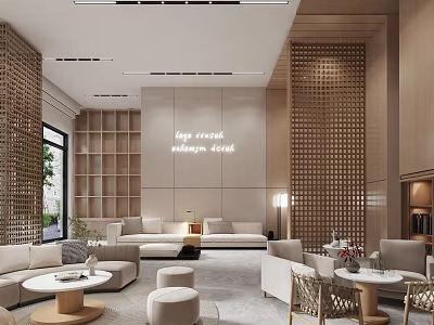 Modern Hotel Lobby Interior With Comfortable Sofas Coffee Tables And Decorative Walls 3d model