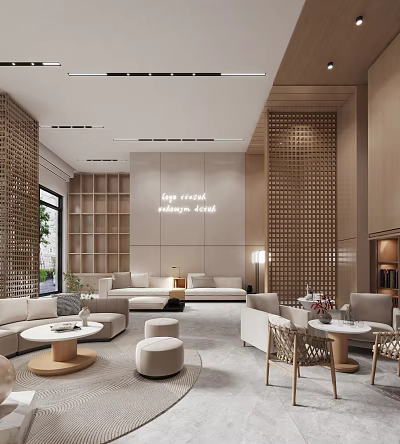 Modern Hotel Lobby Interior With Comfortable Sofas Coffee Tables And Decorative Walls 3d model