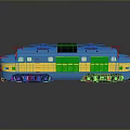Blue and Yellow Electric Train with White Windows Red Roof Details Black Wheels and Reflection