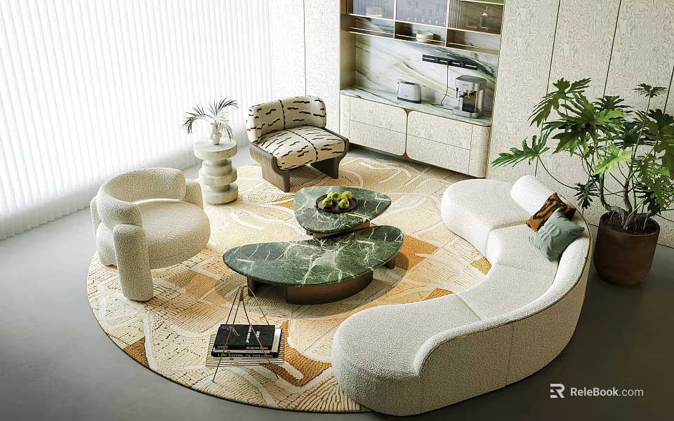 Luxury Cream Curved Sofa And Green Marble Coffee Table Set For Stylish Living Room Interior 3d model 
