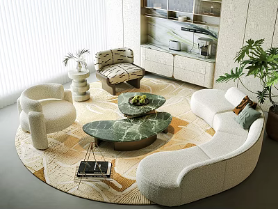 Luxury Cream Curved Sofa And Green Marble Coffee Table Set For Stylish Living Room Interior 3d model