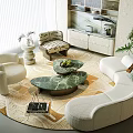 Luxury Cream Curved Sofa And Green Marble Coffee Table Set For Stylish Living Room Interior