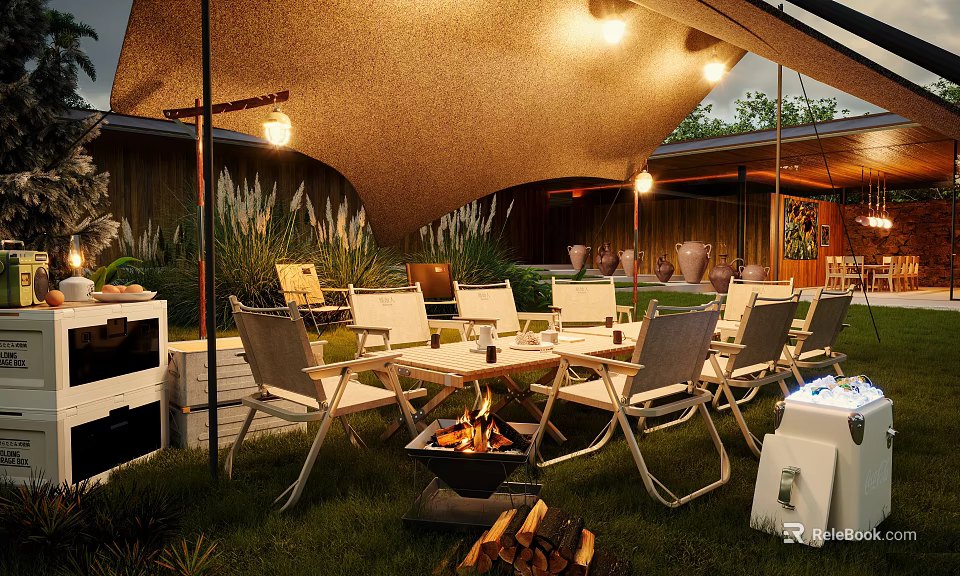 Outdoor Garden Landscape with Canopy Tables Chairs Fire Pit Green Plants Terracotta Pots and Lights 3d model 