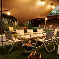 Outdoor Garden Landscape with Canopy Tables Chairs Fire Pit Green Plants Terracotta Pots and Lights
