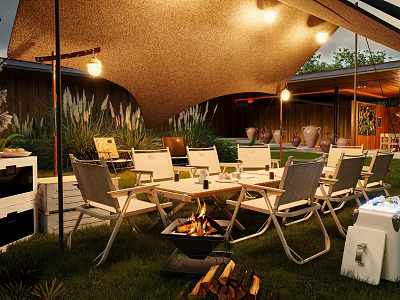 Outdoor Garden Landscape with Canopy Tables Chairs Fire Pit Green Plants Terracotta Pots and Lights 3d model