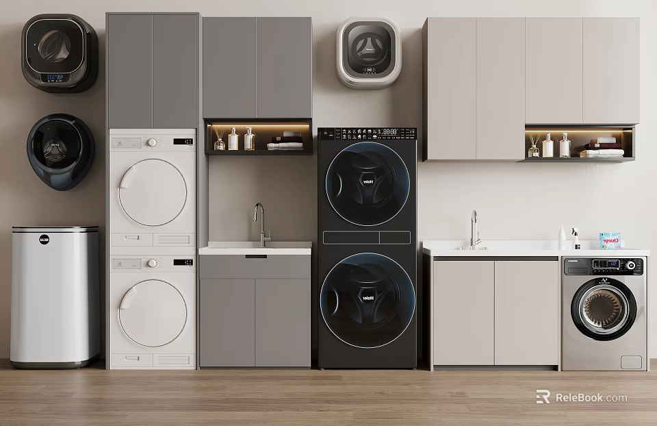 Modern Bathroom Cabinetry With Washing Machines Dryers Sinks And Storage Design 3d model 