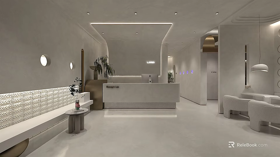 Modern Minimalist Store Front Desk Design With Soft Lighting Green Plants And Bench Seating 3d model 