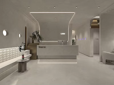 Modern Minimalist Store Front Desk Design With Soft Lighting Green Plants And Bench Seating 3d model