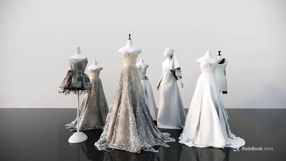 Fashion Mannequins Displaying Elegant Gray And White Dresses In Various Styles 3d model 