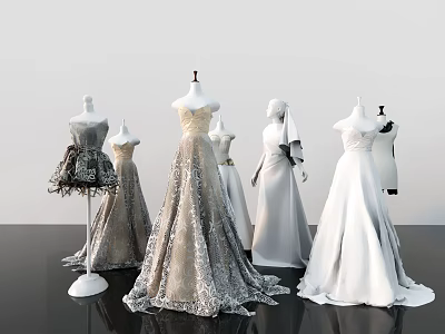 Fashion Mannequins Displaying Elegant Gray And White Dresses In Various Styles 3d model