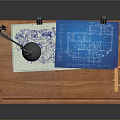 Wooden Drawing Table With Desk Lamp Blueprints And Pencil For Craft Workspace