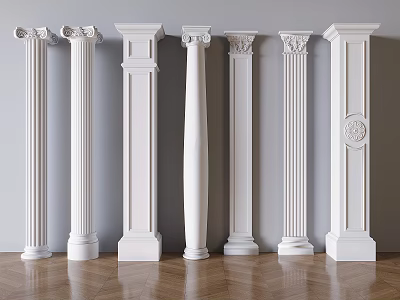 White Decorative Columns With Various Classical And Modern Ornate Designs In Interior 3d model