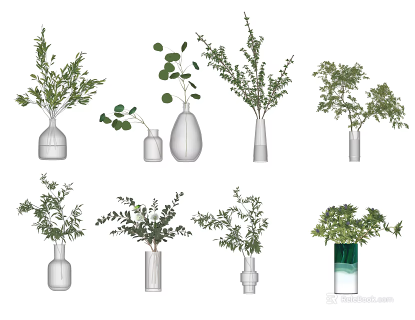 Minimalist Decorative Vases In Different Shapes With Green Foliage Plants 3d model 