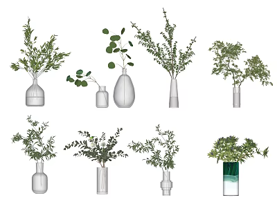 Minimalist Decorative Vases In Different Shapes With Green Foliage Plants 3d model