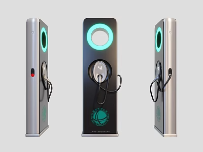 Three Electric Vehicle Charging Stations With Black Silver Design Green Circular Lights And Charging Ports 3d model