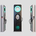 Three Electric Vehicle Charging Stations With Black Silver Design Green Circular Lights And Charging Ports