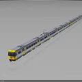 Long White Train With Yellow And Red Accents On Dark Background Showing Reflection