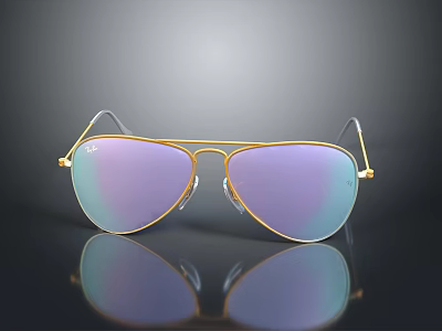 Aviator Style Sunglasses With Gold Frame And Purple Gradient Lenses On Reflective Surface 3d model