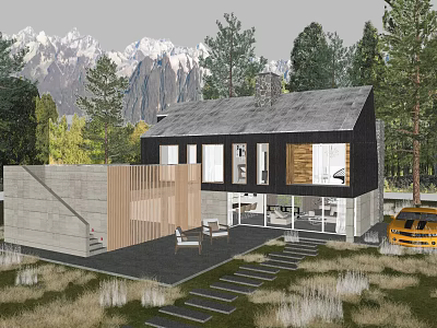 Modern Treehouse Design Surrounded by Trees and Mountains With Outdoor Seating Area 3d model