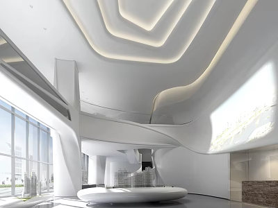 Modern Sales Office Interior Design With Curved Ceiling Lighting And Large Windows 3d model
