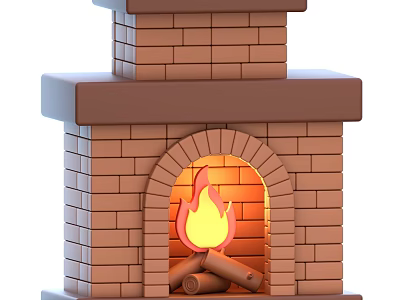 Cozy Traditional Brick Fireplace Interior With Burning Flames And Stacked Logs 3d model