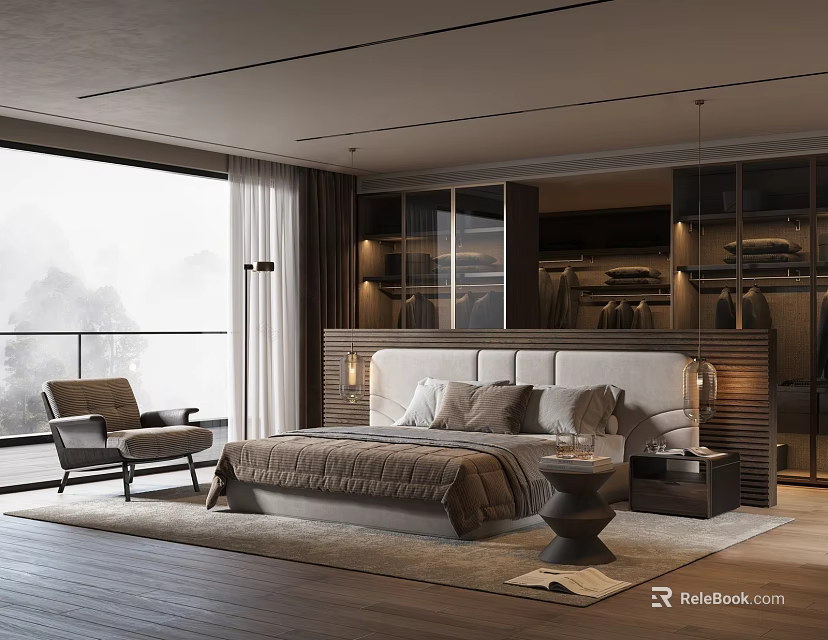 Modern Luxury Bedroom Interior With Large Window Comfortable Bed Armchair And Wooden Floor 3d model 