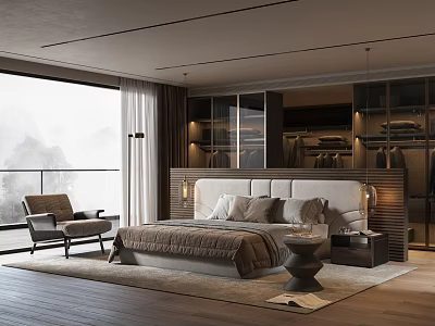 Modern Luxury Bedroom Interior With Large Window Comfortable Bed Armchair And Wooden Floor 3d model