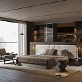Modern Luxury Bedroom Interior With Large Window Comfortable Bed Armchair And Wooden Floor