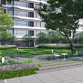 Serene Residential Landscape Featuring Lush Trees Green Lawn Pathway Seating Area And Modern Building Backdrop
