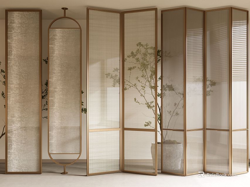 Modern Golden Framed Translucent Screens In Interior With Plants 3d model 