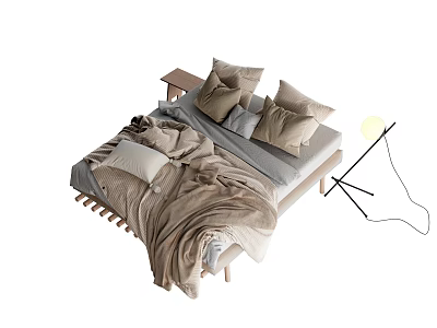 Cozy Double Bed With Multiple Pillows Blanket Bedside Table And Floor Lamp 3d model