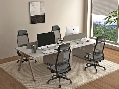 Modern Long Office Desk With Computers Monitors Black Chairs Window Plants And Wall Painting 3d model