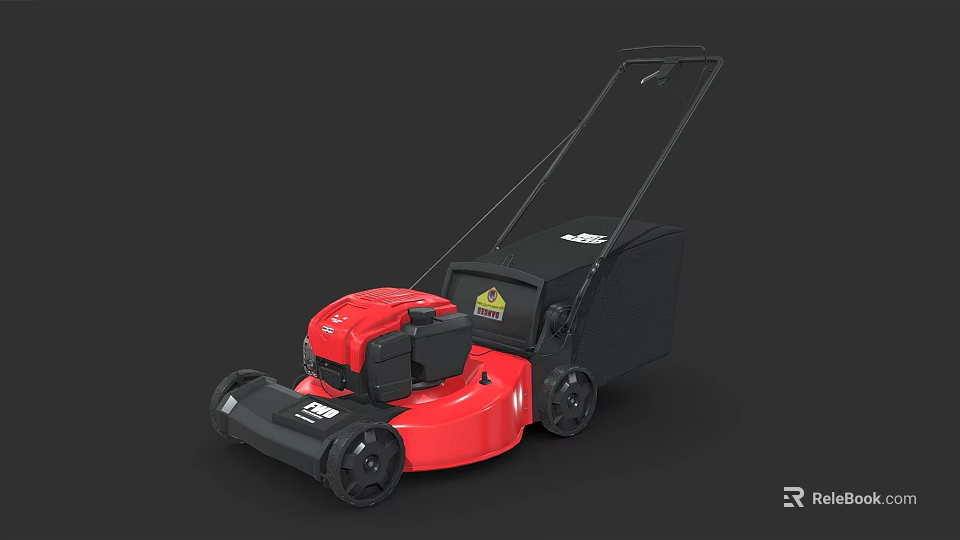 Red Lawn Mower As Agricultural Equipment With Black Handles Wheels And Grass Bag 3d model 