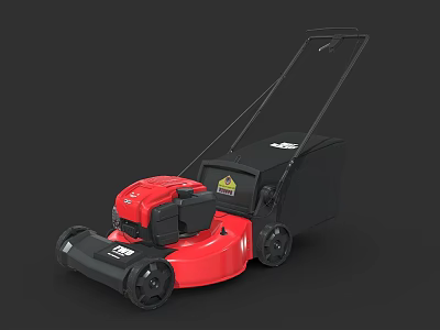 Red Lawn Mower As Agricultural Equipment With Black Handles Wheels And Grass Bag 3d model