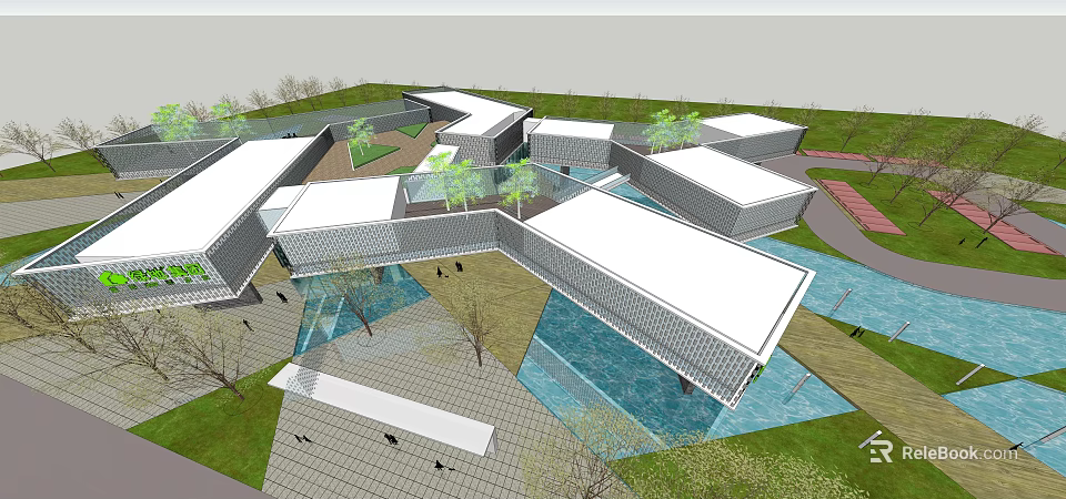 Modern Sales Office Building With Geometric Architecture Water Features And Green Landscaping 3d model 