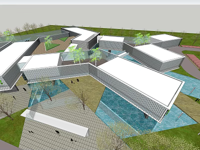Modern Sales Office Building With Geometric Architecture Water Features And Green Landscaping 3d model