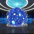 Giant Blue Sphere With Network Connections And Circular Light Bands In Starry Digital Background