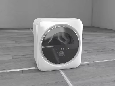Modern White Washing Machine With Round Control Panel And Transparent Door On Wooden Floor 3d model